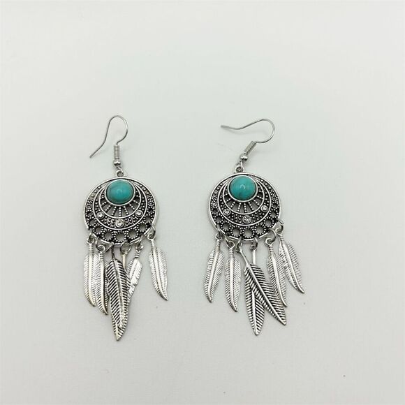 Bohemian Faux Turquoise Beaded Dream Catcher Feather Dangle Earrings Silver Tone - Picture 2 of 6